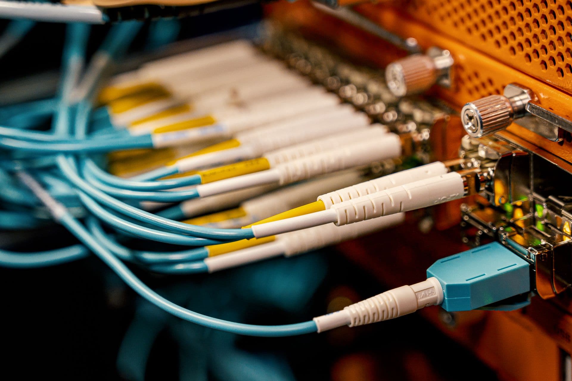 Close-up of fiber optic cables connected to network switching equipment